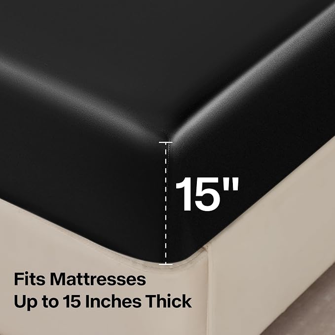 BEDELITE Satin Sheets Full Size Bed Set, Luxury Soft Black Silky Sheets - Image 6