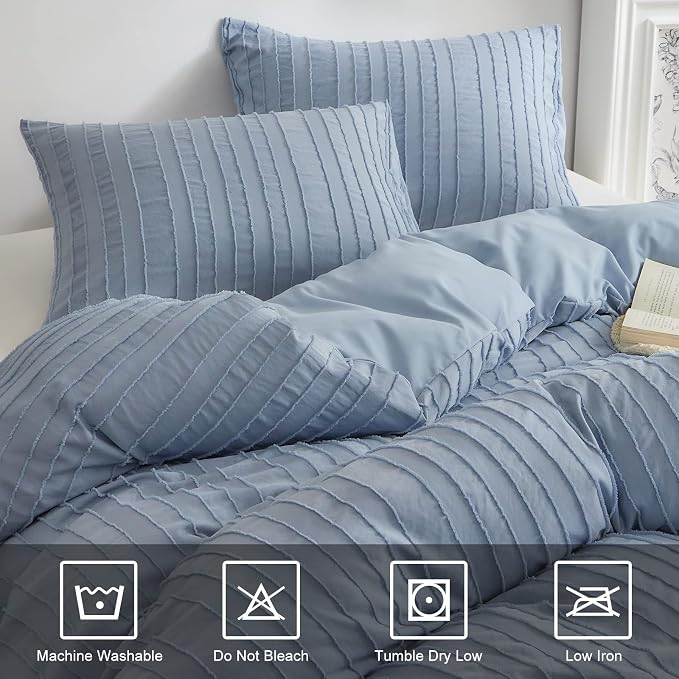 WARMDERN Blue Tufted Duvet Cover Set Queen Size, Striped Textured Duvet Cover - Image 7