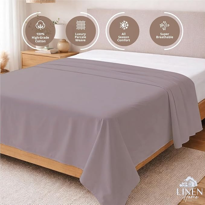 Linen Home 100% Cotton Percale 1 Flat Sheet, Queen Size - Image 3