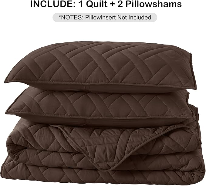 HORIMOTE HOME Quilt Set King Size Chocolate, Classic Geometric Diamond Stitched - Image 7