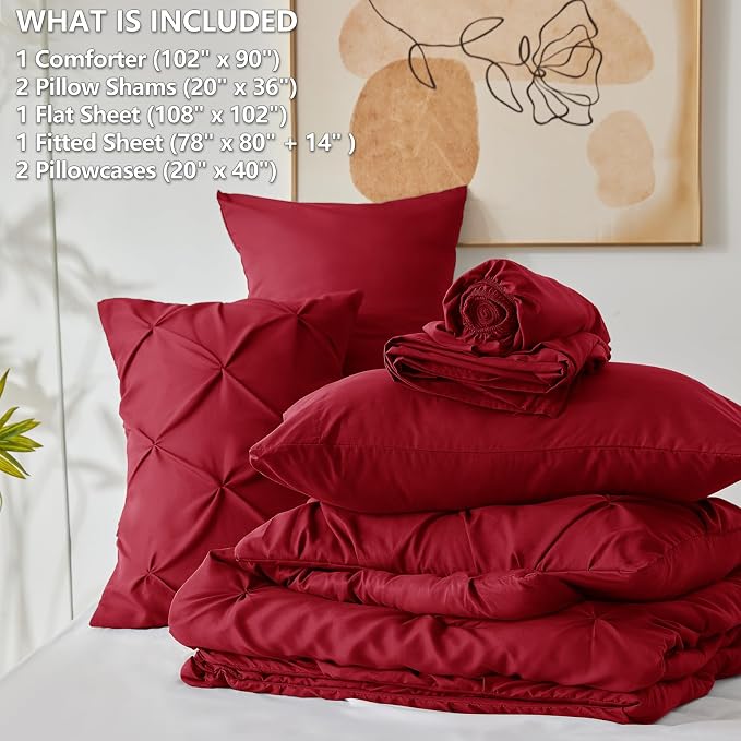 CozyLux King Size Comforter Set Dark Red, 7 Pieces Pintuck Bed in A Bag Red - Image 7