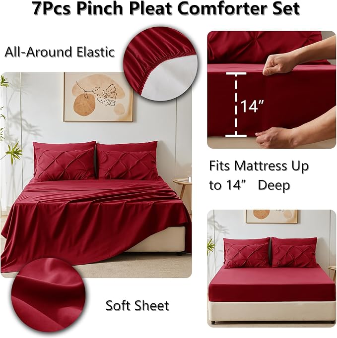 CozyLux Queen Comforter Set Dark Red, 7 Pieces Pintuck Bed in A Bag, Premium - Image 6