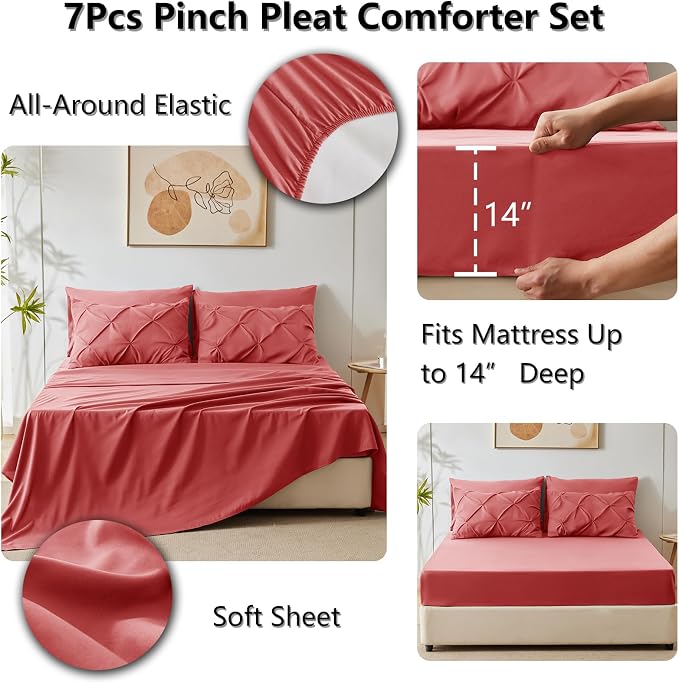 CozyLux Full Size Comforter Sets Coral, 7 Pieces Pintuck Bed in A Bag Coral - Image 5