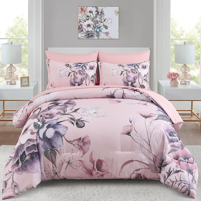 Luxudecor Floral Comforter Set Full Size 7 Piece, Blush Pink Flower Bed in a Bag by Luxudecor