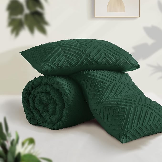 Andency Dark Emerald Green California King Comforter Set, 3 Pieces Boho Tufted - Image 3