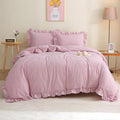 Silnuo Vintage Pink/White Plaid Ruffle 3-Piece Duvet Cover Set Queen Size by Silnuo