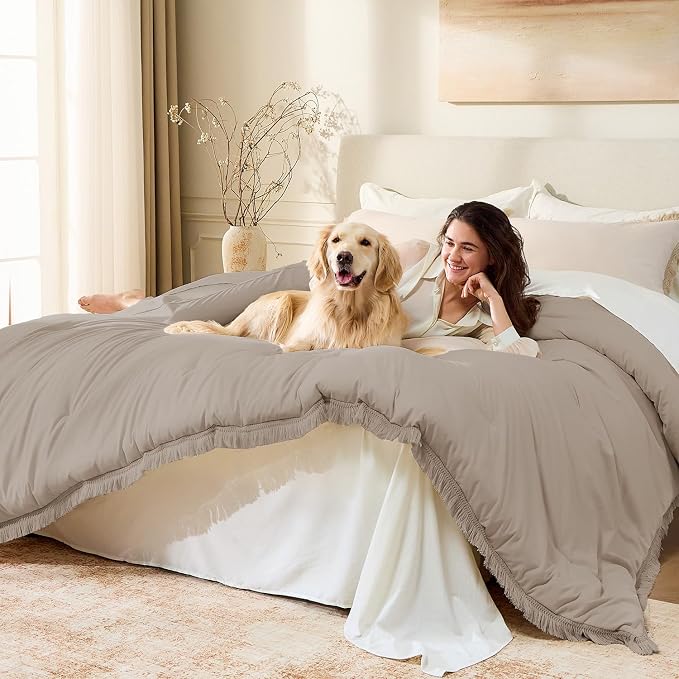 Andency King Size Comforter Set Khaki, 3 Pieces Boho Soft Lightweight Bedding - Image 4
