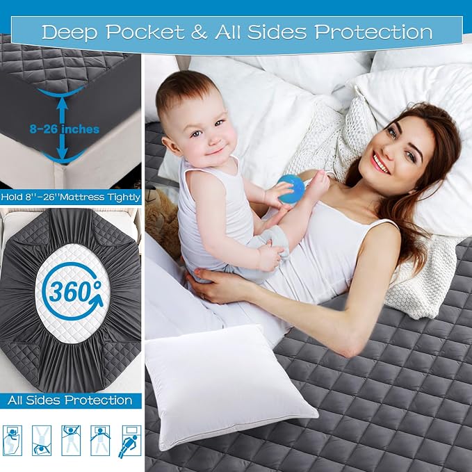 GRT King Size Grey Quilted Fitted Mattress Pad, 100% Waterproof Breathable - Image 4