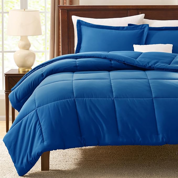 CozyLux Oversized Queen Comforter Set, 3 Pieces Classic Blue 98x98 Box Stitched - Image 7