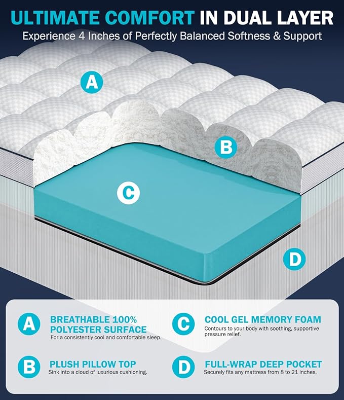 Dual Layer 4 Inch Memory Foam Mattress Topper King Size, Mattress Pad Cover - Image 2