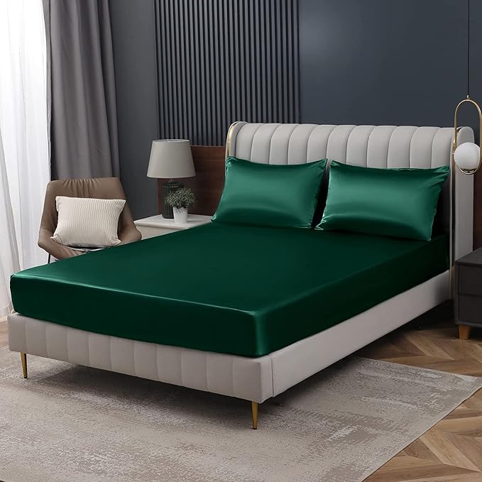 Homiest Blackish Green Satin Fitted Twin XL Size Bed Sheet, Deep Pocket by Homiest
