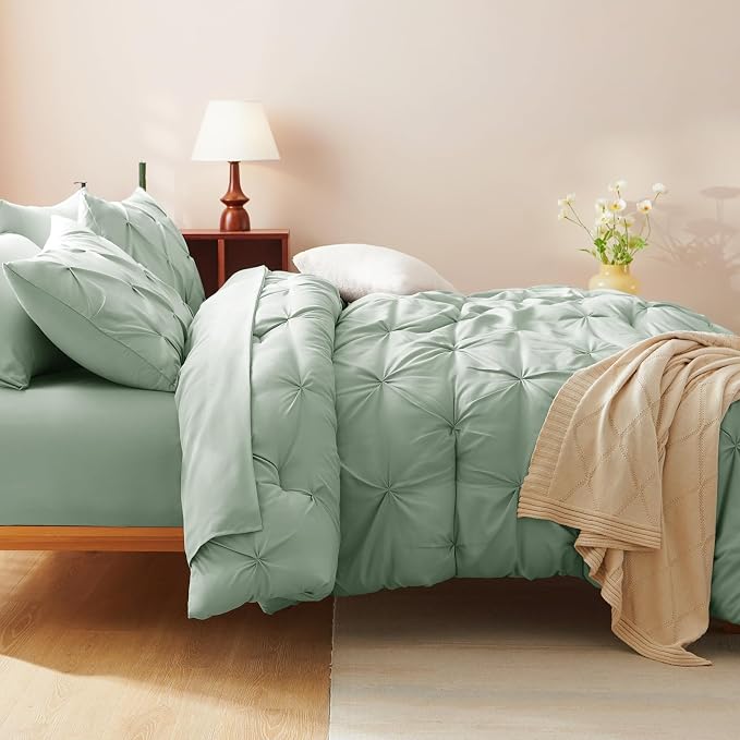 CozyLux Full Size Comforter Sets Sage Green, 7 Pieces Pintuck Bed in A Bag - Image 9