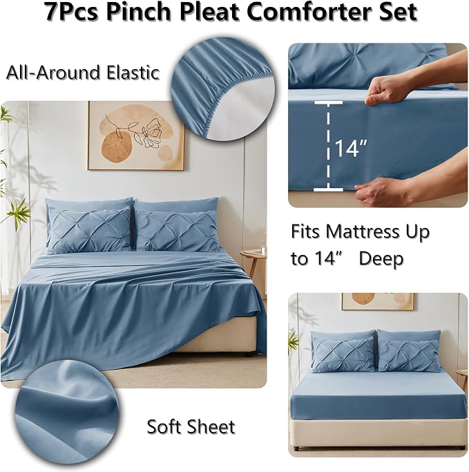 HIMEET Pintuck Bed in a Bag, 7 Pieces King Size Comforter Set Grayish Blue - Image 6