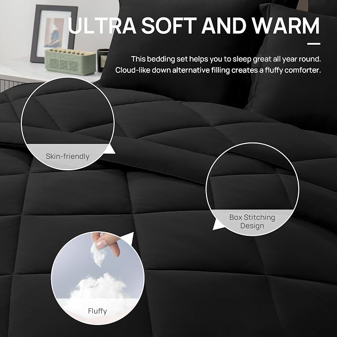 Love's cabin Queen Comforter Set Black, 7 Pieces Queen Bed in a Bag, All Season - Image 7