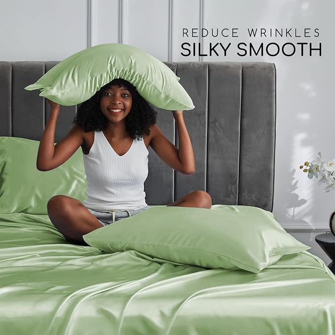 MR&HM Satin Bed Sheets with Elastic Corner Straps, King Size Sheets Set - Image 3