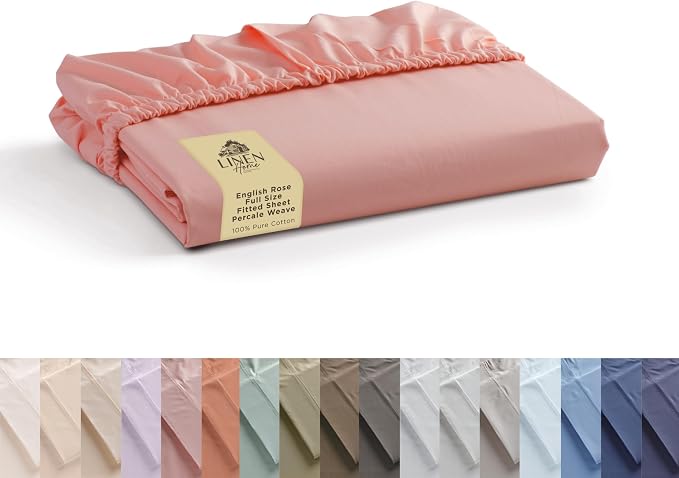 Linen Home 100% Cotton Percale Weave Fitted Sheet, Full Size, English Rose by LINENHOME