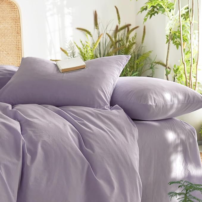 Wake In Cloud - Cotton Duvet Cover Set, Twin Size, Light Purple, 100% Washed - Image 5