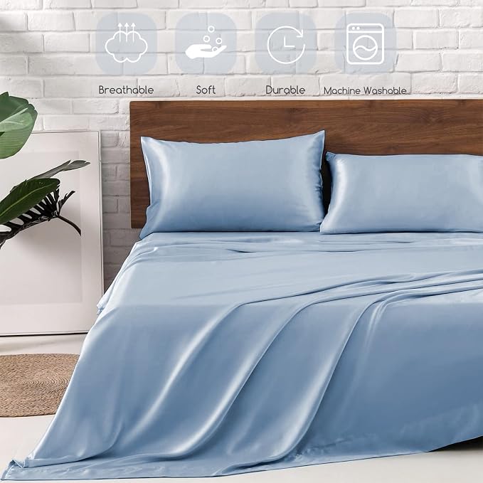 MR&HM Satin Bed Sheets with Elastic Corner Straps, Full Size Sheets Set - Image 5
