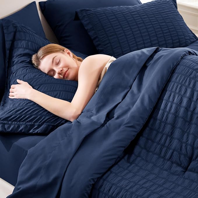 CozyLux Oversized Queen Comforter Set Navy Blue Seersucker 7 Pieces 98x98 Bed - Image 5