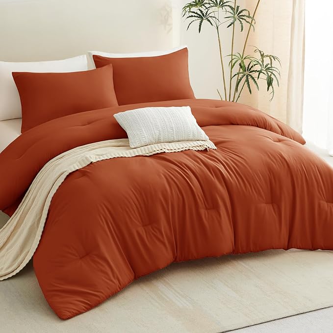 CozyLux Terracotta King Size Comforter Set, 3 Pieces Burnt Orange Rust Solid - Image 8