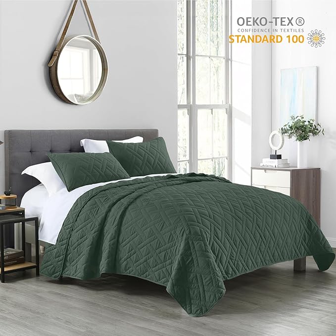 HORIMOTE HOME Quilt Set Twin Size Dark Green, Classic Geometric Diamond - Image 2