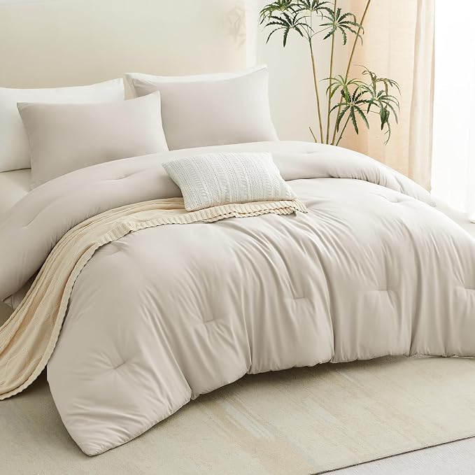 CozyLux California King Comforter Set Beige, 3 Pieces Cal King Solid Breathable - Image 8