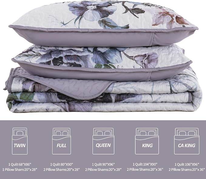 Drucon Purple Floral Quilt Set King Size 3 Pieces Purple Botanical Flower Quilt - Image 7