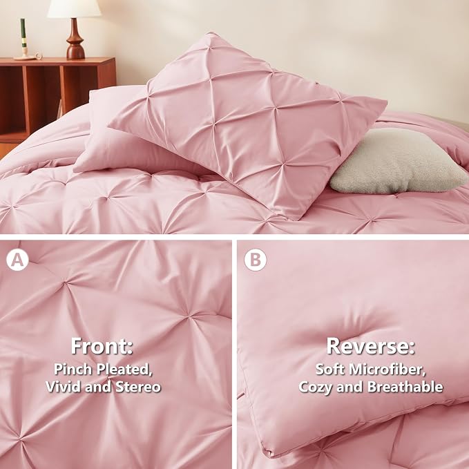 CozyLux King Size Comforter Set Pink, 7 Pieces Pintuck Bed in A Bag Pink - Image 3