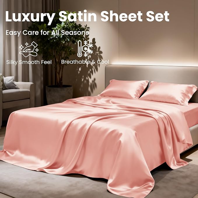 Love's cabin Twin XL 3Pc Satin Sheet Set, Coral Silky Satin Bed Sheets - Image 8