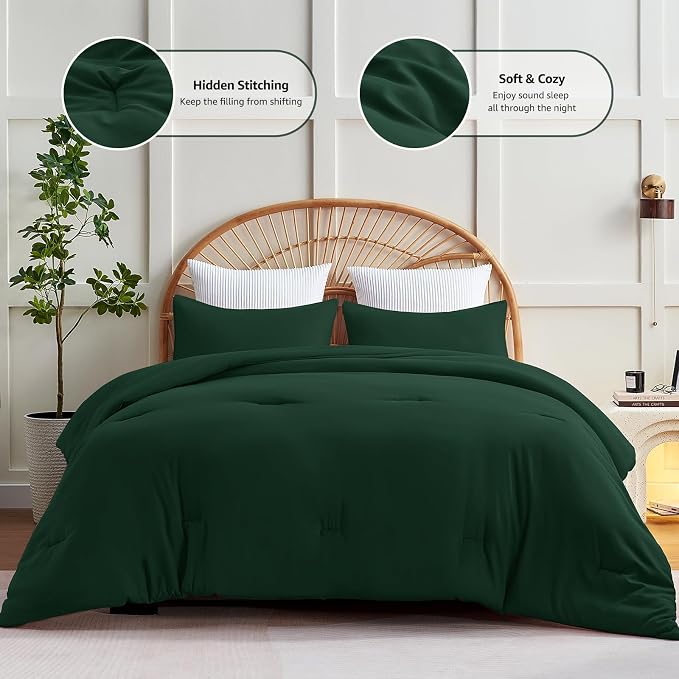 CozyLux Dark Emerald Green Queen Comforter Set, 3 Pieces Solid Breathable - Image 3