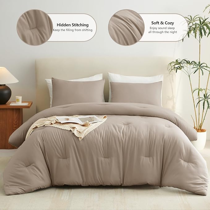 CozyLux King Size Comforter Set Khaki, 3 Pieces Solid Comforters King Size - Image 2