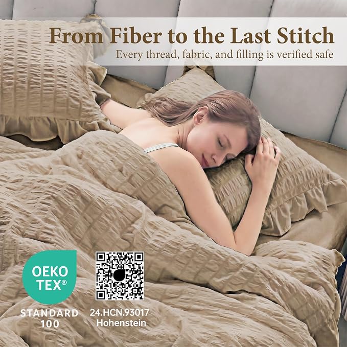 JOLLYVOGUE Queen Comforter Set, 3 Pieces Khaki Seersucker Comforters Queen Size - Image 4
