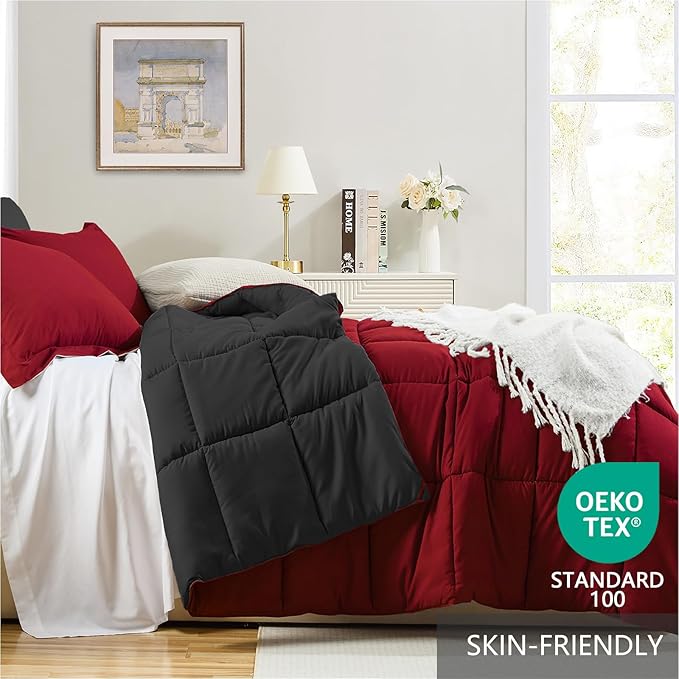 Homelike Moment Queen Comforter Set Black, Lightweight Reversible Red - Image 3