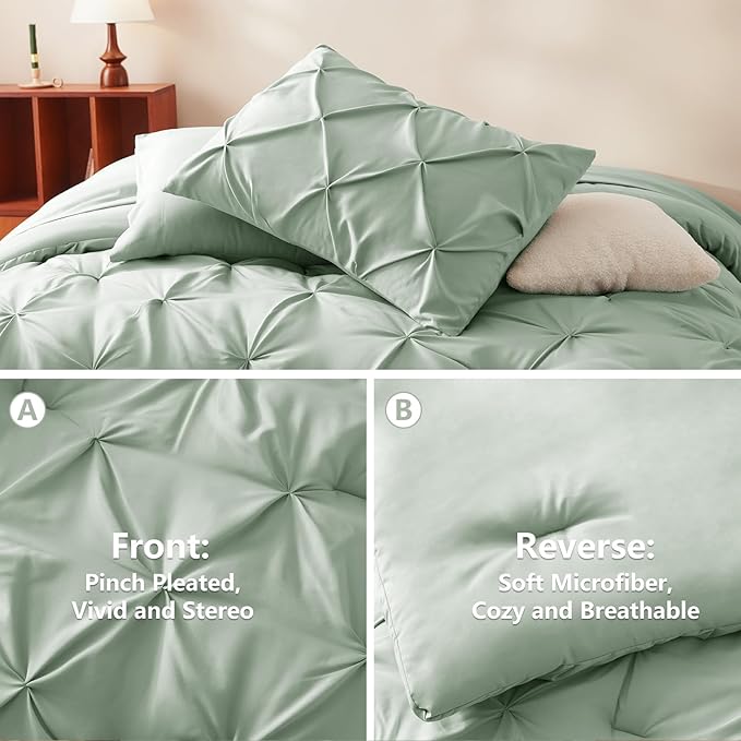 CozyLux King Size Comforter Set Sage Green, 7 Pieces Pintuck Bed in A Bag Green - Image 3