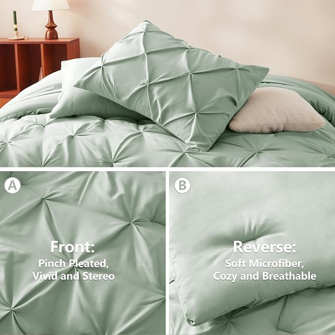 CozyLux Queen Comforter Set Sage Green, 7 Pieces Pintuck Bed in A Bag, Premium - Image 3