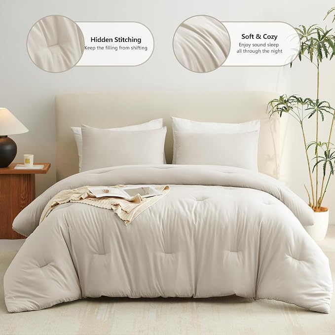 CozyLux Twin Comforter Set Beige, 2 Pieces Twin Extra Long Solid Breathable - Image 2