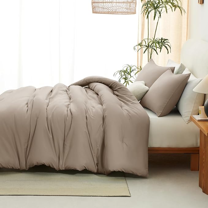 CozyLux Full Size Comforter Set Khaki, 3 Pieces Solid Breathable Quilted - Image 9