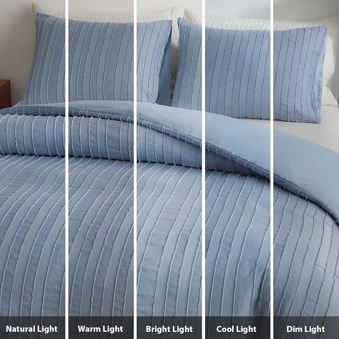 WARMDERN Blue Striped Duvet Cover Set, Boho Textured Tufted Bedding, 2 Piece - Image 8
