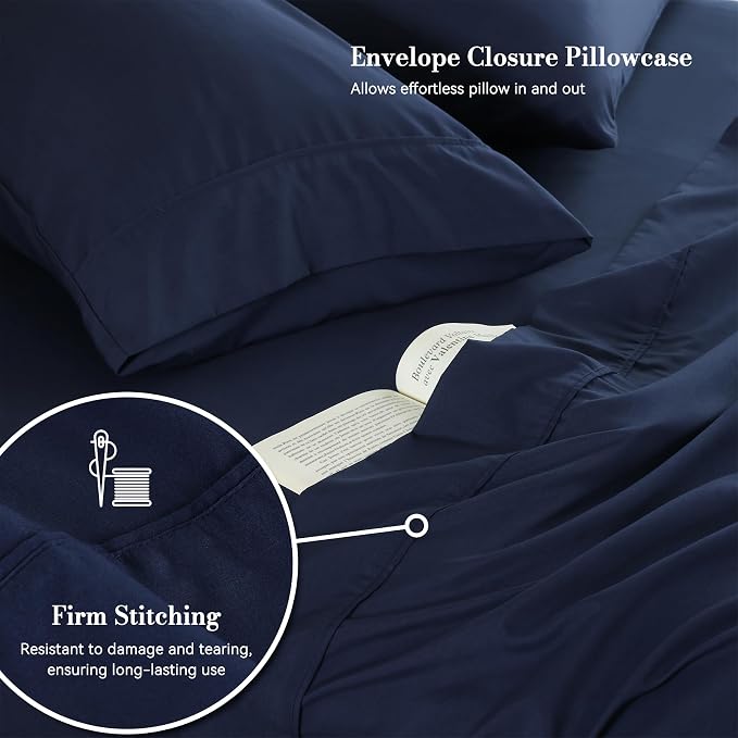 Queen Sheet Set 4 Pieces, Wrinkle Free, Oeko-Tex Certified Bedsheets，Navy Blue - Image 4