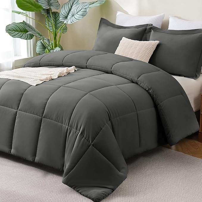 CozyLux Oversized King Comforter Set, 3 Pieces Dark Grey 120x98 Box Stitched by CozyLux