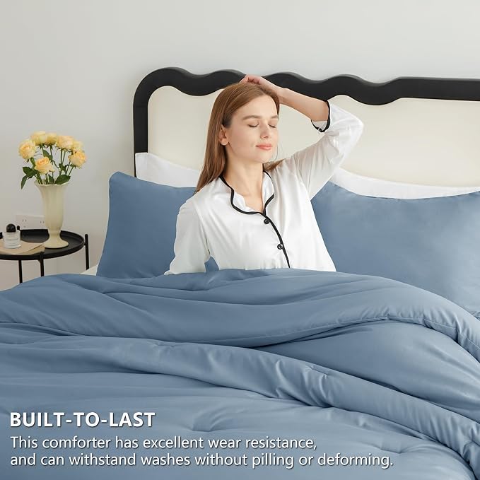 CozyLux Queen Comforter Set Grayish Blue, 3 Pieces Solid Comforters Queen Size - Image 3