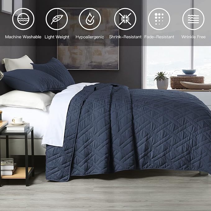 HORIMOTE HOME Quilt Set Queen Size Navy Blue, Classic Geometric Diamond - Image 6