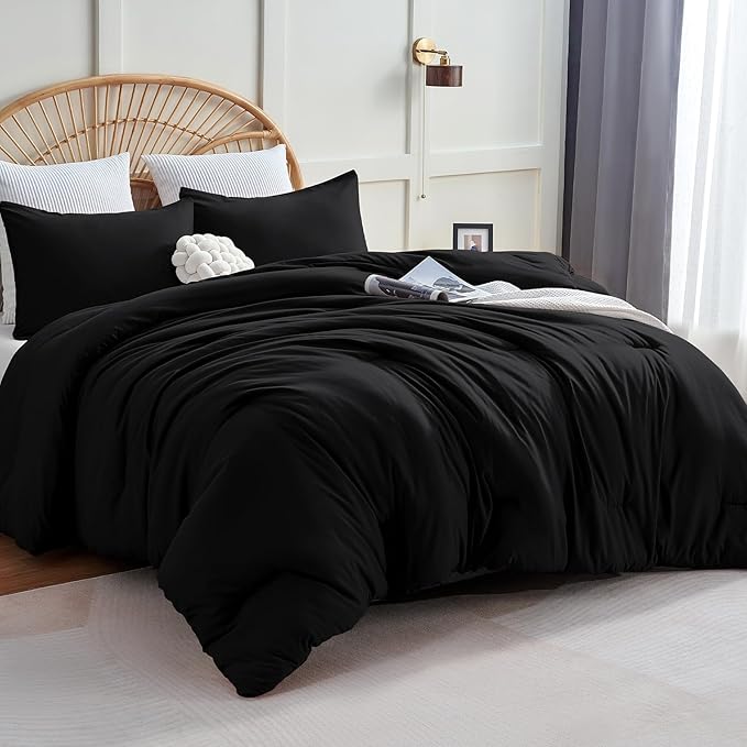 CozyLux Super King Plus Comforter Set Black, 3 Pieces 128x120 Solid Breathable by CozyLux