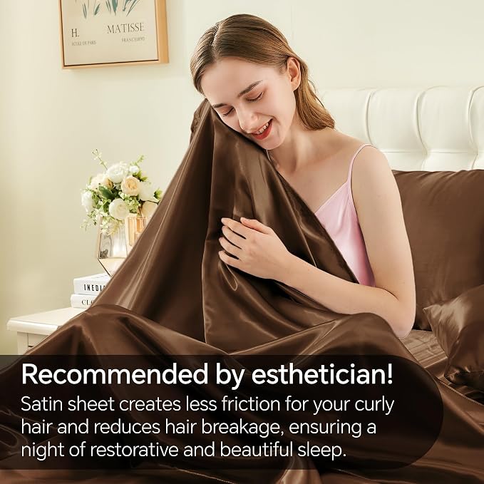 BEDELITE Satin Sheets Twin XL Size Bed Set, Luxury Soft Brown Silky Sheets - Image 4