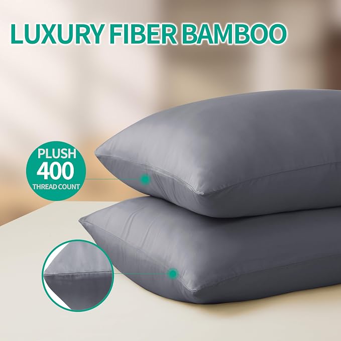 Bamboo Viscose Zippered Pillow Cases Queen Size Set of 2, 400 Thread Count - Image 4