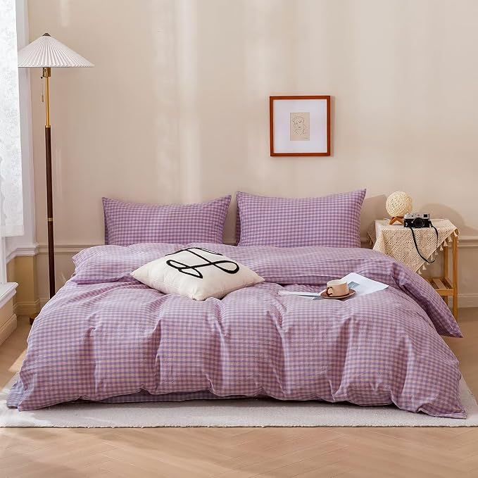 mixinni Purple Gingham Grid Duvet Cover King, 100% Washed Cotton Modern - Image 2