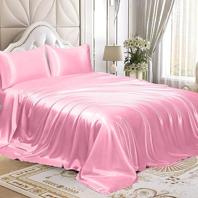 Homiest Pink Satin Queen Size Luxury Flat Sheet, Ultra Soft Silky Bedding - Image 4