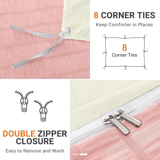 HYMOKEGE Pink/Ivory Duvet Cover Full Size, Ultra Soft 3-Piece Seersucker Duvet - Image 5