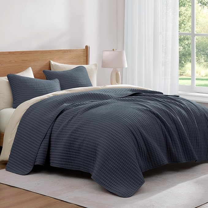 WRENSONGE King Size Quilt-3 Pieces Lightweight Blue Grey Bedspreads King Quilt - Image 2
