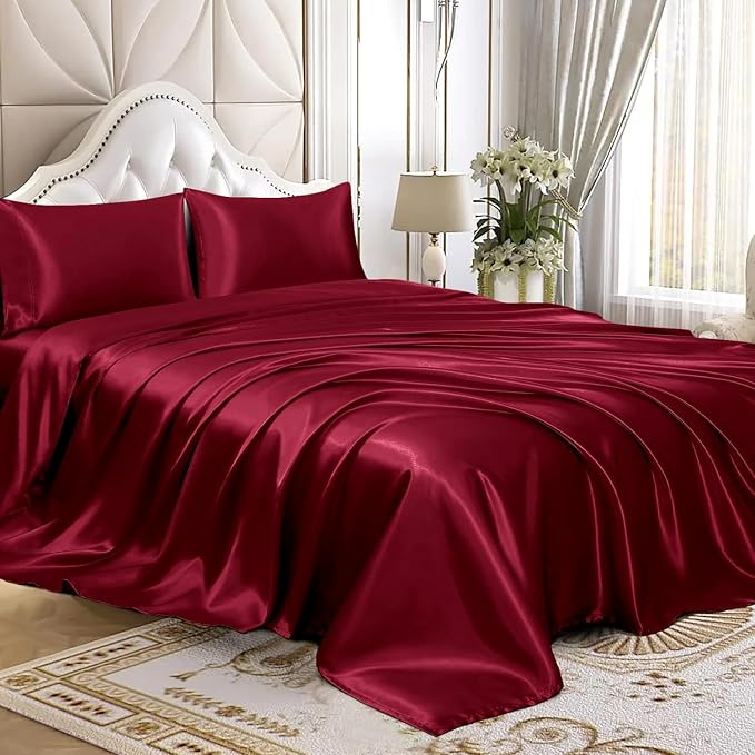 Homiest Burgundy Satin Queen Flat Sheet, Silky Bedding Top Sheet - Image 4